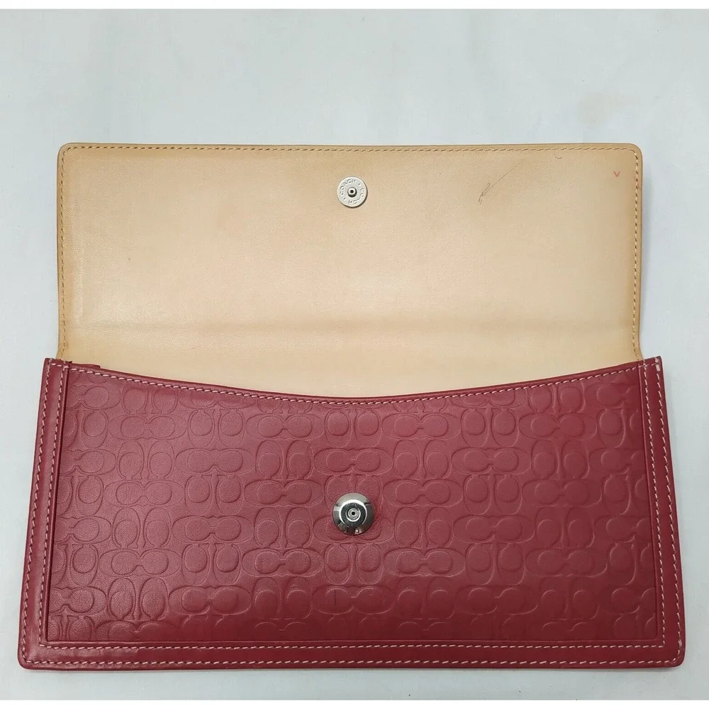 Coach Red Leather C Embossed Credit Card Bifold Envelope Long Wallet